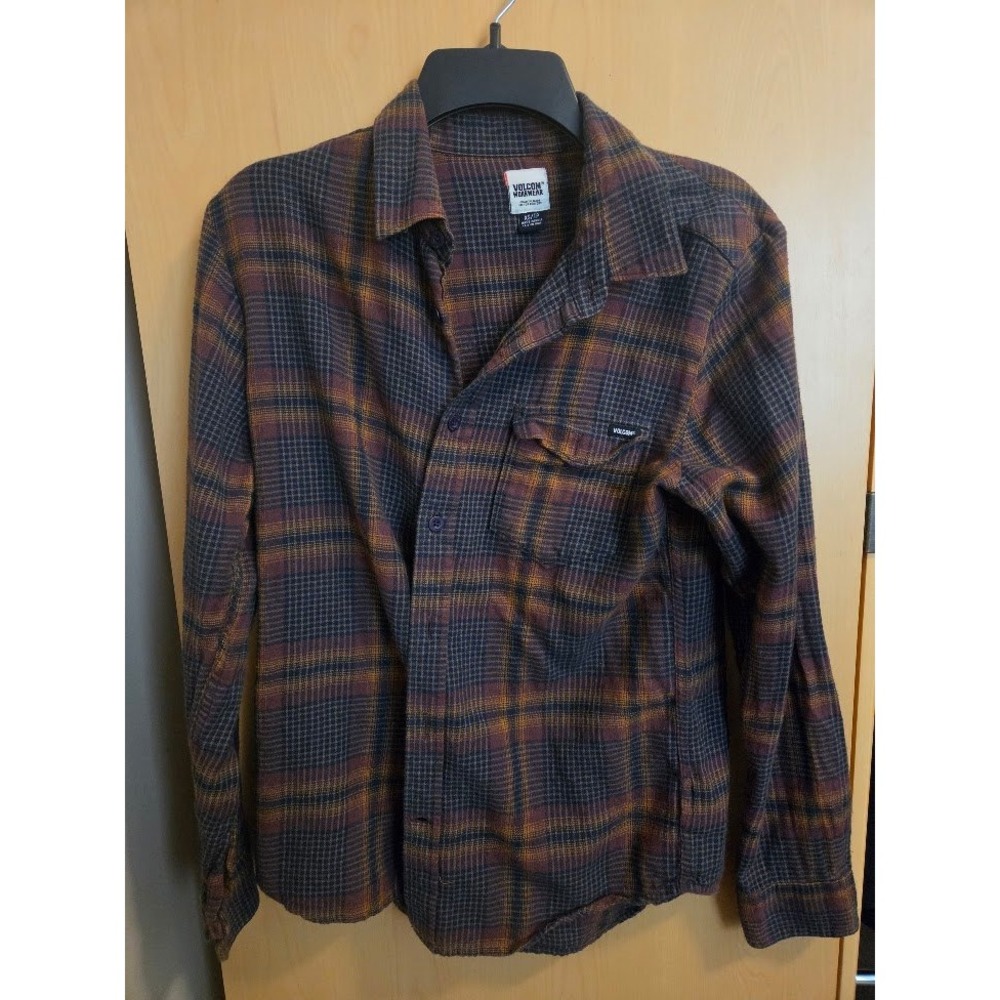 Volcom Workwear Mens Plaid Flannel Shirt XS Brown Orange Long Sleeve Button Up